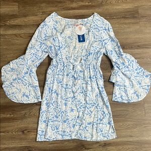 La Mer Blue and White Ruffled Bell Sleeve Coverup